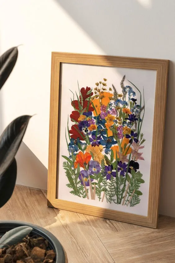 Préselt virágok , falra függeszthető kép kompozíció